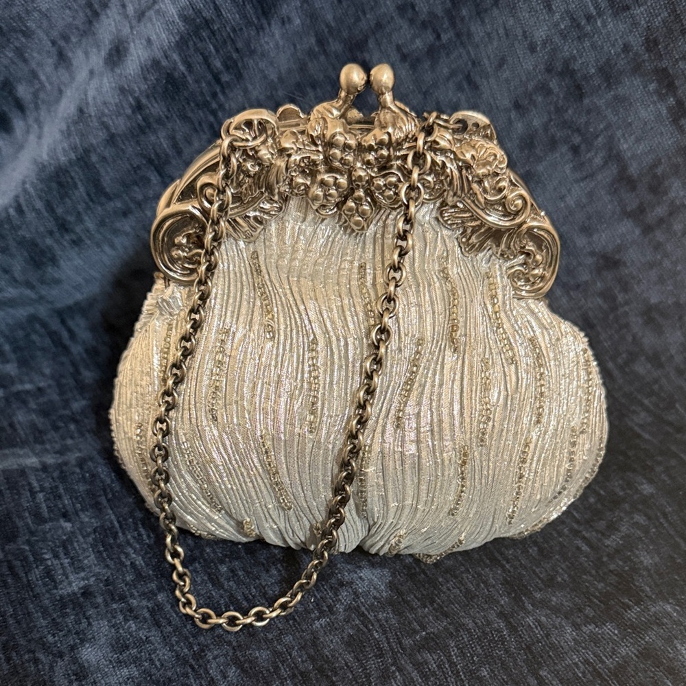 Gold Beaded Evening Clutch with Ornate Metal Frame